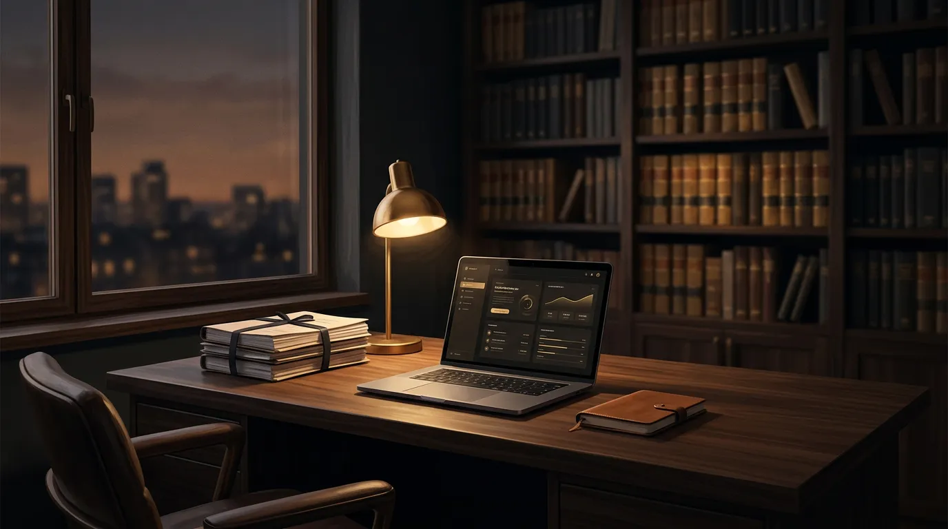A cinematic attorney's workspace with Veritas